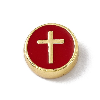 Real 18K Gold Plated Brass Enamel Beads, Long-Lasting Plated, Cadmium Free & Lead Free, Flat Round with Cross, FireBrick, 11x4.5mm, Hole: 1.8mm