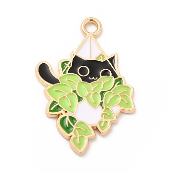 Alloy Enamel Pendants, Light Gold, Potted with Cat Charm, Green Yellow, 27.5x18.5x1mm, Hole: 2mm