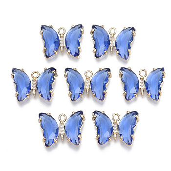 Glass Pendants, with Micro Pave Cubic Zirconia and Brass Open Back Settings, Faceted, Butterfly, Light Gold, Royal Blue, 15.5x20x4mm, Hole: 1.8mm