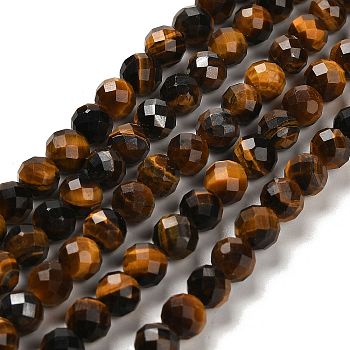 Natural Tiger Eye Beads Strands, Round, Faceted, 6mm, Hole: 1mm, about 63~66pcs/strand, 14.96~15.35''(38~39cm).