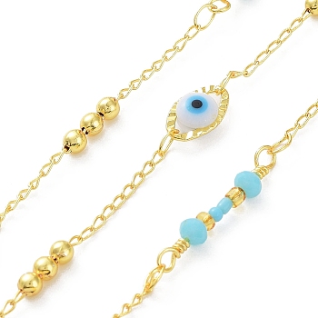 Acrylic Evil Eye Link Chians, with Real 18K Gold Plated Brass & Glass Round Beaded, Soldered, with Spool, Aquamarine, 9.5x6x4mm, 12x3mm, 21.5x3.5mm, about 32.81 Feet(10m)/Roll