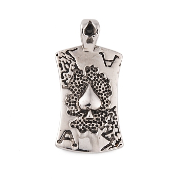 304 Stainless Steel Pendants, Ace of Spades Charm, Antique Silver, 40.5x20x7mm, Hole: 6.5x4mm