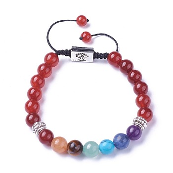 Chakra Jewelry, Natural & Synthetic Mixed Stone Braided Bead Bracelets, with Natural Carnelian, Alloy Findings and Nylon Cord, Rectangle with Tree, 52~76mm