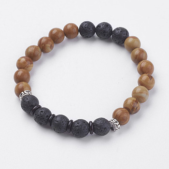 Natural Lava Rock Beads Stretch Bracelets, with Wenge Wood Beads, Wenge Wood Lace Stone, Coconut and Alloy Finding, 2 inch(50~52mm)