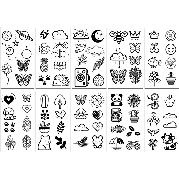 10 Sheets Cartoon Water Proof Removable Temporary Tattoos Stickers, Body Art Paper Stickers, Mixed Shapes, Black, 12x6.8x0.02cm