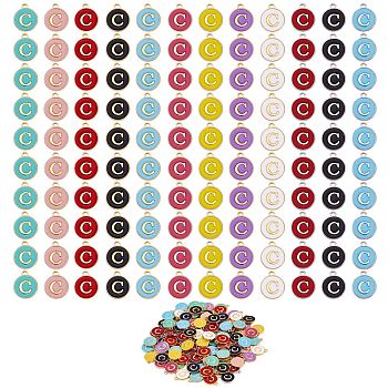 120Pcs 12 Colors Golden Plated Alloy Charms, with Enamel, Enamelled Sequins, Flat Round with Letter, Letter.C, 14x12x2mm, Hole: 1.5mm, 10pcs/color
