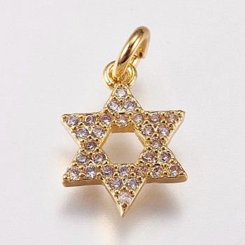 Brass Micro Pave Cubic Zirconia Charms, for Jewish, Star of David, Golden, 13.5x10x2mm, Hole: 3mm