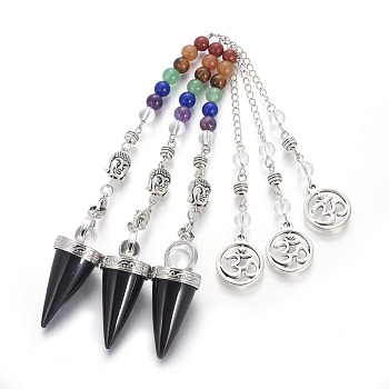 Chakra Jewelry Natural Obsidian Cone Dowsing Pendulums, with Brass Finding and Alloy Chain, Antique Silver, 235~245x2.5mm