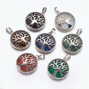 Natural & Synthetic Mixed Stone Pendants, with Brass Finding, Flat Round with Tree of Life, Platinum, 31x27x6mm, Hole: 5x8mm