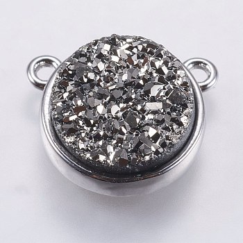 Druzy Resin Charms, with Brass Finding, Flat Round, Platinum, Silver, 14x11.6x4~4.5mm, Hole: 1.5mm