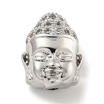 Brass Micro Pave Clear Cubic Zirconia Beads, Buddha Head, Platinum, 11x8.5x6mm, Hole: 1.2mm