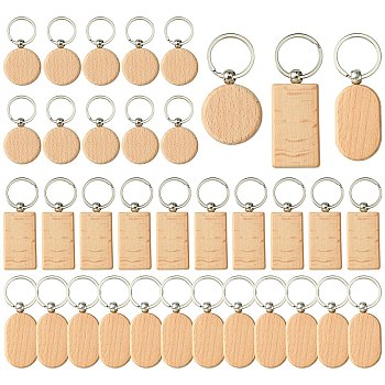 30Pcs 3 Style Rectangle/Flat Round Wooden Blank Engravable Tags Keychain, with Iron Rings, Moccasin, 40~53x40~32x7mm, 10pcs/style