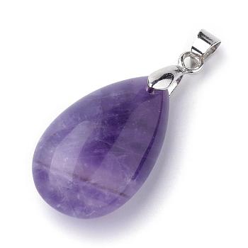Natural Amethyst Pendants, with Alloy Findings, teardrop, Platinum, 23~24x14x8mm, Hole: 4x5mm