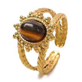 Oval Natural Tiger Eye Finger Rings, Golden Tone 304 Stainless Steel Open Cuff Rings for Women, 15mm, Inner Diameter: Adjustable