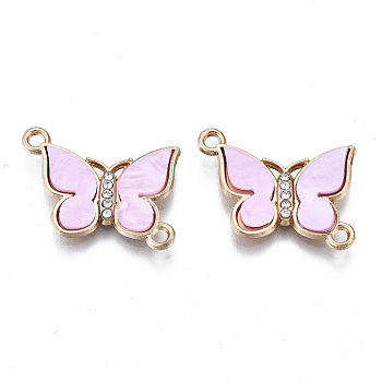 Eco-Friendly Alloy Micro Pave Clear Cubic Zirconia Links Connectors, with Acrylic Cadmium Free & Lead Free & Nickel Free, Butterfly, Light Gold, Pearl Pink, 18x22x3mm, Hole: 1.8mm