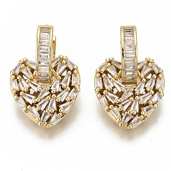 Brass Micro Pave Cubic Zirconia Dangle Huggie Hoop Earrings, Nickel Free, Heart, Clear, Real 18K Gold Plated, 28mm, Pin: 1x1mm