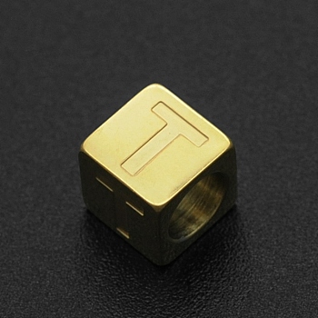 201 Stainless Steel European Beads, Large Hole Beads, Horizontal Hole, Cube, Golden, Letter.T, 7x7x7mm, Hole: 5mm