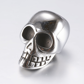 316 Surgical Stainless Steel Beads, Skull, Large Hole Beads, Antique Silver, 20x13.5x13mm, Hole: 6mm