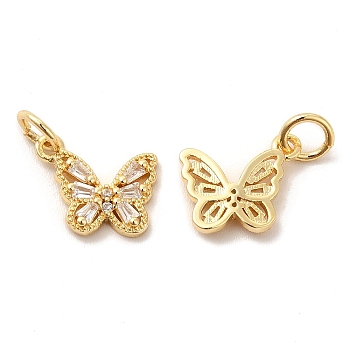 Rack Plating Brass Micro Pave Cubic Zirconia Charms, Butterfly Charm, with Jump Ring, Long-Lasting Plated, Lead Free & Cadmium Free, Real 18K Gold Plated, 11x9.5x2mm, Hole: 3mm