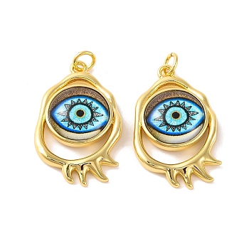 Rack Plating Brass Micro Pave Cubic Zirconia Pendants, with Glass, Long-Lasting Plated, with Jump Ring, Evil Eye, Real 18K Gold Plated, Deep Sky Blue, 28x17x5mm