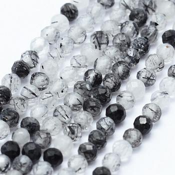 Natural Black Rutilated Quartz Beads Strands, Faceted, Round, 2~2.5mm, Hole: 0.5mm, about 195~208pcs/strand, 15.7 inch(40cm)