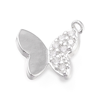 Brass Micro Pave Clear Cubic Zirconia Pendants, Long-Lasting Plated, Butterfly, Platinum, 15.8x13.5x3mm, Hole: 1mm