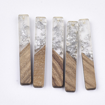 Resin & Walnut Wood Big Pendants, with Silver Foil, Rectangle, Silver, 51.5x7.5x3mm, Hole: 1.8mm