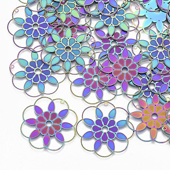 Ion Plating(IP) 304 Stainless Steel Filigree Pendants, Etched Metal Embellishments, Flower, Rainbow Color, 33x33x0.3mm, Hole: 1.2mm