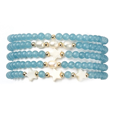 5Pcs 5 Style Natural Dyed White Jade & Pearl & Shell Star Beaded Stretch Bracelets Set(BJEW-JB09495-05)-3