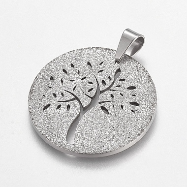 Trendy Flat Round with Tree Necklace Findings 304 Stainless Steel Textured Pendants(STAS-L012-D09P)-3