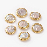 Natural Pearl Beads, with Golden Brass Edge, Flat Round, 22.2~25x6.1~6.9mm, Hole: 0.6~0.8mm(PEAR-C001-03G)
