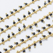 Natural Black Agate Handmade Beaded Chains, Soldered, Lead Free & Cadmium Free, with Brass Findings, Real 18K Gold Plated, Long-Lasting Plated, Faceted Round, 6~7x2~3mm(CHC-P003-11F)