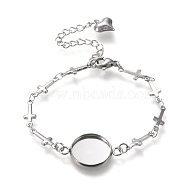 304 Stainless Steel Bracelet Making, with Lobster Claw Clasps, Cross Link Chains and Flat Round Cabochon Settings, Stainless Steel Color, Tray: 14mm, 6-1/4 inch(16cm)(STAS-L248-002P-A)