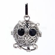 Rack Plating Brass Cage Pendants, For Chime Ball Pendant Necklaces Making, with Rhinestone, Owl, Antique Silver, 32x27x23mm, Hole: 3mm, inner measure: 18mm(KK-S751-028AS)