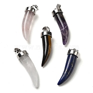 Natural & Synthetic Mixed Gemstone Pendants, Horn Charms, with Rack Plating Platinum Plated Brass Snap on Bails, Mixed Dyed and Undyed, 34~36x10mm, Hole: 8x5mm(G-F758-B-P)