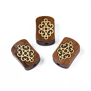 Natural Rosewood Undyed Beads, with Raw(Unplated) Brass Slices, Rectangle, Saddle Brown, 17x11.5x7mm, Hole: 1.8mm(WOOD-N013-012)