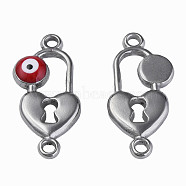 304 Stainless Steel Enamel Connector Charms, Stainless Steel Color, Heart-Shaped Lock with Evil Eye, Dark Red, 23x11x3mm, Hole: 1.5mm(STAS-N087-65-01P)
