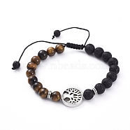 Natural Lava Rock & Tiger Eye Beads Adjustable Braided Bracelets, with Tibetan Style Alloy Beads, Flat Round with Tree, Antique Silver, 2-3/8 inch(59mm)~3-5/8 inch(93mm)(BJEW-JB04987-04)