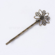Iron Hair Bobby Pin Findings, with Brass Filigree Findings, Flower, Antique Bronze, Tray: 19mm, 62x2x6mm(X-PHAR-D008-B05)