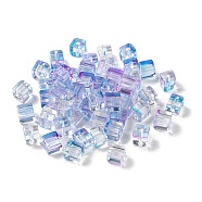Two Tone Transparent Glass Beads, Cube, Violet, 6x6x7mm, Hole: 1.4mm, about 500pcs/bag(GLAA-NH0001-03F)