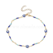 Brass Evil Eye Link Chain Anklet with Glass Beaded, Golden, 9-1/8 inch(23cm)(AJEW-AN00538)