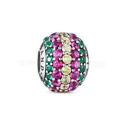 TINYSAND Rondelle 925 Sterling Silver European Beads, Large Hole Beads, with Pave Setting Colorful Cubic Zirconia, Platinum, 12.51x9.87x12.02mm, Hole: 4.31mm(TS-C-023)