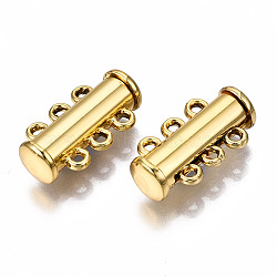 3-Strands Brass Magnetic Slide Lock Clasps, 6-Hole, Tube, Golden, 19.5x10.5x6.5mm, Hole: 1.4mm(KK-Q740-16G)
