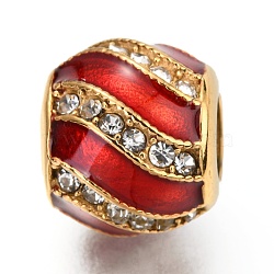 Ion Plating(IP) 304 Stainless Steel European Beads, with Enamel and Rhinestone, Large Hole Beads, Round, Golden, Red, 10x9mm, Hole: 4.5mm(OPDL-L013-33G-A)