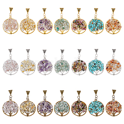 21Pcs 21 Styles Natural & Synthetic Mixed Gemstone Chip Pendants, Flat Round with Tree of Life Charms, with Alloy Findings, 65mm, Pendant: 43x38x3.5~9.5mm, Hole: 4x9mm, 1pc/style(PALLOY-AB00072)