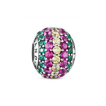TINYSAND Rondelle Rhodium Plated 925 Sterling Silver European Beads, Large Hole Beads, with Pave Setting Colorful Cubic Zirconia, Platinum, 12.51x9.87x12.02mm, Hole: 4.31mm