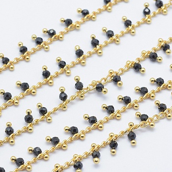 Natural Black Agate Handmade Beaded Chains, Soldered, Lead Free & Cadmium Free, with Brass Findings, Real 18K Gold Plated, Long-Lasting Plated, Faceted Round, 6~7x2~3mm