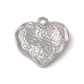 304 Stainless Steel Pendants, Textured, Heart Charm, Stainless Steel Color, 17x18x3.5mm, Hole: 1.6mm