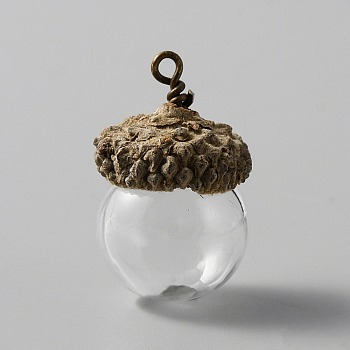 Glass Ball Pendants, with Natural Acorn Shell Cap, Autumn Theme, Clear, 26.5x17mm, Hole: 1.8mm