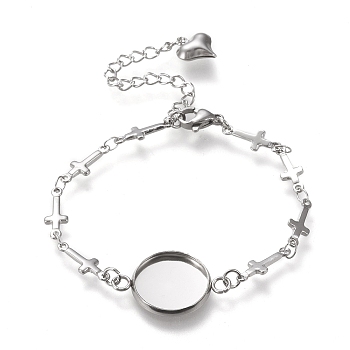 304 Stainless Steel Bracelet Making, with Lobster Claw Clasps, Cross Link Chains and Flat Round Cabochon Settings, Stainless Steel Color, Tray: 14mm, 6-1/4 inch(16cm)
